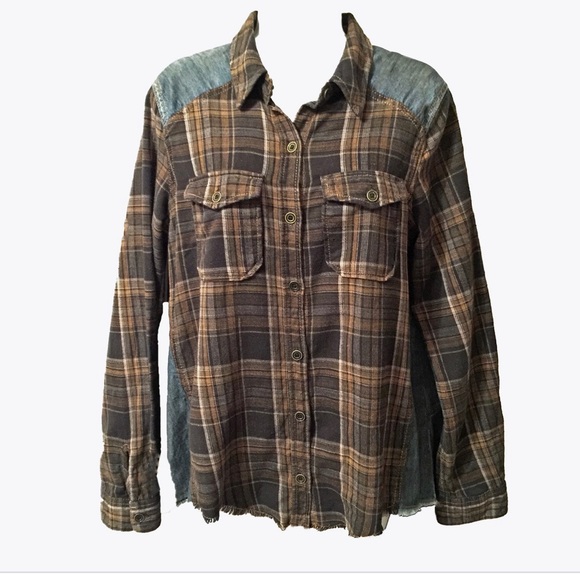 Free People plaid / denim blouse - Picture 1 of 8